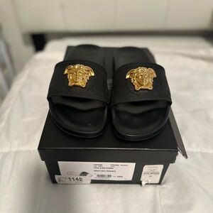 Versace Black and Gold Sandals with Medusa Logo women’s